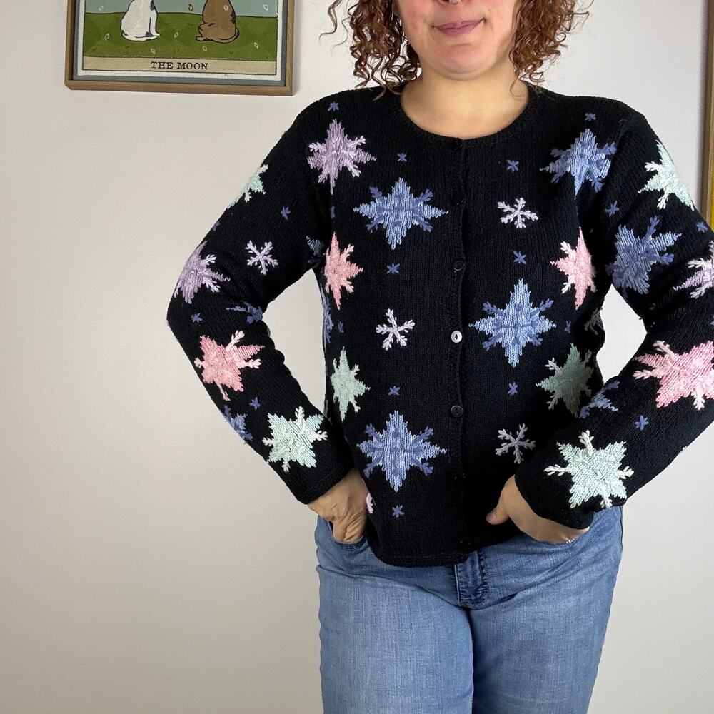 Talbots cardigan sweater colorful snowflakes size XL